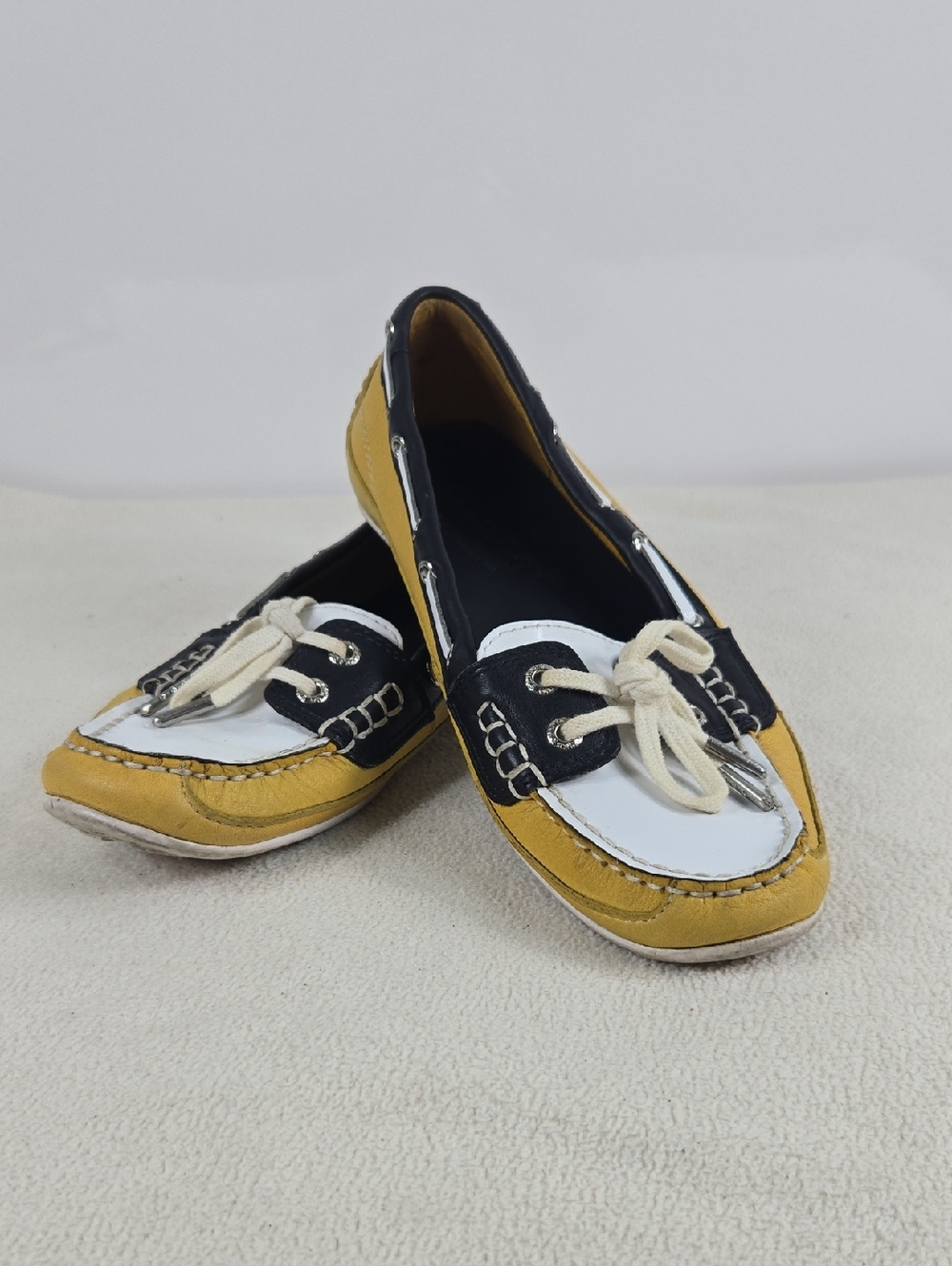 Sebago Yellow Black White Leather Boat Loafers